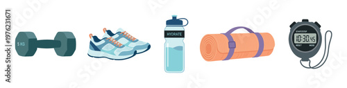 Collection of essential fitness equipment and accessories for a healthy lifestyle, featuring a dumbbell, running shoes, water bottle, yoga mat, and stopwatch, symbolizing a