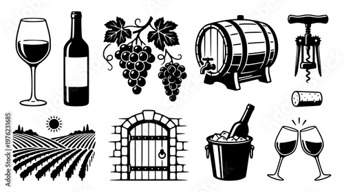 Wine and vineyard vector icons set for design