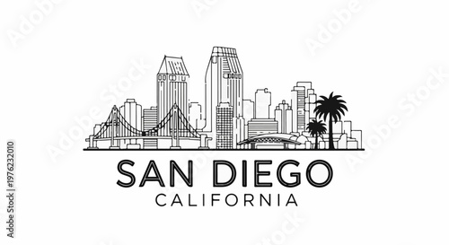 Line drawing skyline of a city with bridges, buildings and palm trees