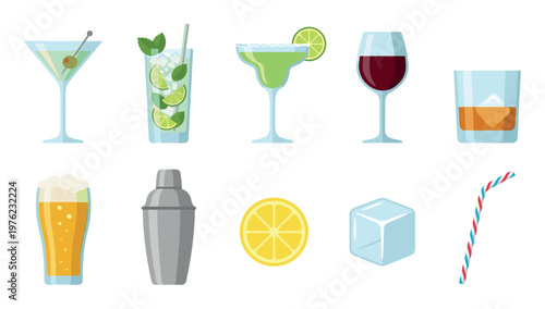 Various alcoholic beverages, cocktail ingredients, and bar tools are neatly arranged in a flat design illustration, perfect for menus or party invitations.