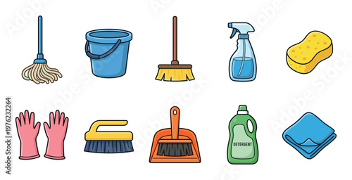 Various cleaning supplies and tools for household chores, including mops, brooms, buckets, sponges, and detergents, ready for spring cleaning.