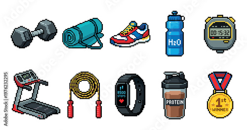 Collection of pixel art fitness and gym equipment icons representing various exercise activities and healthy lifestyle elements in a retro digital style.