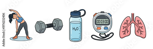 Fitness and health elements collection illustration depicting various aspects of a healthy lifestyle including exercise, hydration, and respiratory well-being.