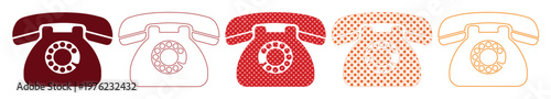 Vintage rotary telephone icons in red and maroon, set of 5 retro landline phone vectors, classic analog telephone symbols for communication design