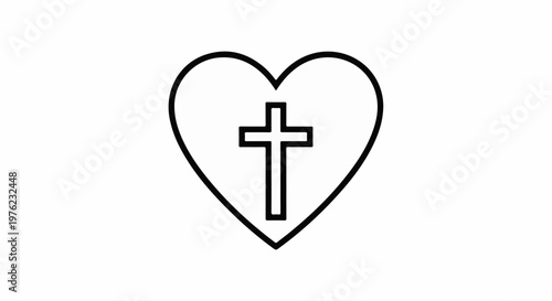 Minimalist outline of a Christian cross inside a heart shape