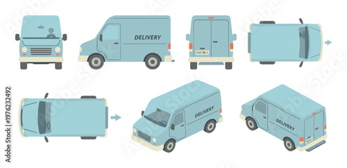 Light blue delivery van shown from multiple angles, providing a comprehensive view of the vehicle used for package and goods transportation services.