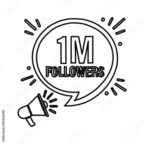 Social media 1M followers celebration vector, megaphone with speech bubble for one million subscribers, black and white line art milestone icon