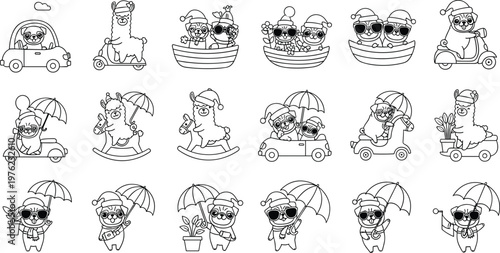 Cute Llama Coloring Page Vector Set with Funny Cartoon Alpaca Characters in Different Activities Outline Illustration Collection for Kids