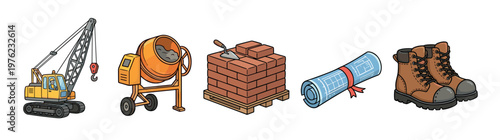 Construction tools and equipment vector illustration set featuring a crane, cement mixer, bricks, blueprint, and work boots for building projects.