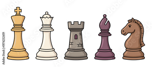 Five cartoon chess pieces, king, queen, rook, bishop, knight, are lined up in a row, representing strategy, intelligence, and classic board games.