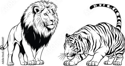 Powerful lion and tiger predator silhouettes in black and white hand drawn sketch style isolated on white background vector illustration for wildlife conservation and mascot design projects.