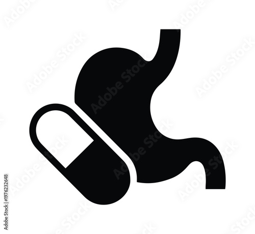 Stomach medical icon with pill capsule, digestive health vector illustration, gastrointestinal medicine symbol for healthcare and pharmacy