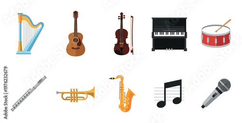 Musical instruments icons collection featuring various string, wind, and percussion instruments along with a microphone and musical note.
