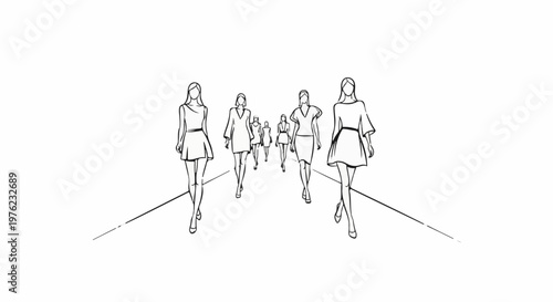 Minimalist sketch of fashion models walking on a runway, stark and clean