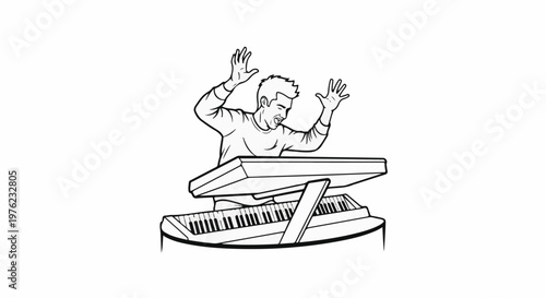 Man ecstatically playing a keyboard with both hands raised in the air