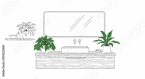 Modern bathroom vanity with vessel sink, mirror, plants, and shelf