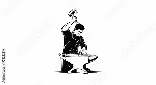 Man hammers metal on anvil to shape sword