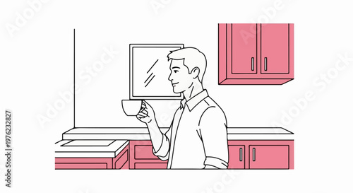 Man in a kitchen enjoying a cup of coffee, line art with pink accents