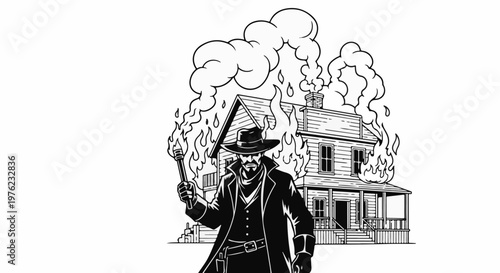 Man in a cowboy hat holding a torch in front of a burning house