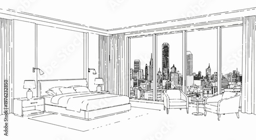 Modern bedroom with city skyline view through large windows