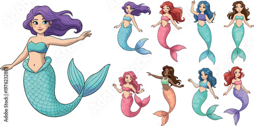 Beautiful Mermaid Character Set with Elegant Fantasy Sea Women Long Hair Ocean Princess Illustration Collection for Creative Design Isolated on White