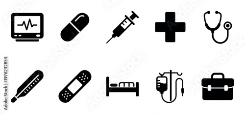 Various black silhouette symbols and icons representing love, nature, and pets are neatly arranged in a horizontal row, perfect for diverse design projects.