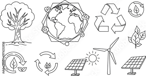 Renewable energy and sustainability icon set with earth recycling symbols solar panels wind turbine and eco environment elements