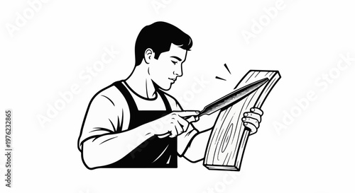 Man in apron carefully carving wood with a sharp tool