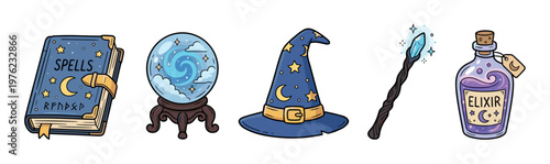 Magical fantasy items collection featuring a spellbook, glowing crystal ball, pointed wizard hat, sparkling magic wand, and a mystical elixir potion bottle.