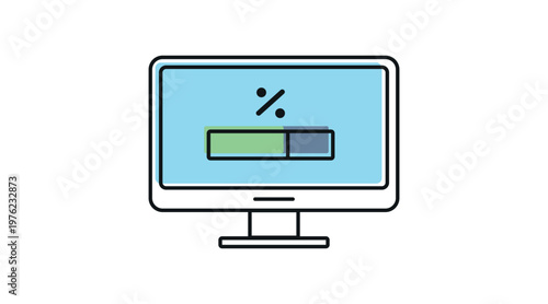 Colorful software update icon: desktop computer with progress bar and percentage, multicolor offset fill and black line vector illustration.