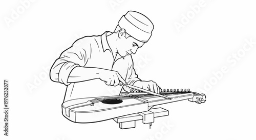 Man in cap meticulously adjusts strings on a stringed instrument