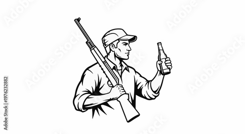 Man in cap holding rifle and bottle against white background