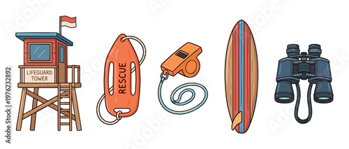 Lifeguard equipment collection features a tower, rescue tube, whistle, surfboard, and binoculars, essential for beach safety and surveillance.