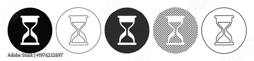 Minimalist hourglass icon set, 5 vector sand clock symbols in circles, black and white time management graphics for business apps and web design