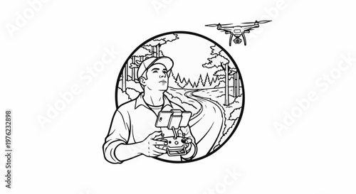 Man in circular frame controlling drone over winding forest road with trees