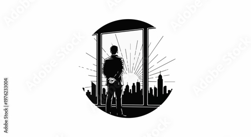 Man in suit observing city skyline and sun rays through a window