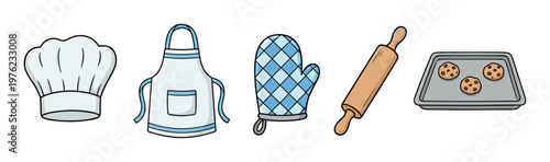 Chef hat, apron, oven mitt, rolling pin, cookies, and baking sheet are essential kitchen tools for preparing delicious homemade treats.