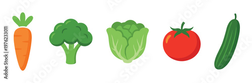 Colorful fresh healthy vegetables including carrot, broccoli, lettuce, tomato, and cucumber in a vibrant, simple, and appealing flat design illustration.