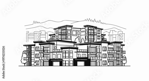 Modern multi-story buildings with balconies against a backdrop of rolling hills