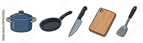 Cooking pot, frying pan, knife, cutting board, and spatula are essential kitchen tools depicted in a clean, illustrative style for culinary themes.