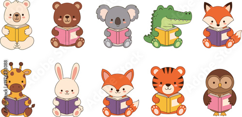 Cute Animals Reading Books Vector Illustration Set with Bear Rabbit Fox Tiger Owl and Other Cartoon Characters Isolated on Background