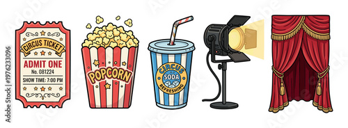 Circus show entertainment elements and accessories are perfectly illustrated in a vibrant cartoon style, ready for a fun performance or event.