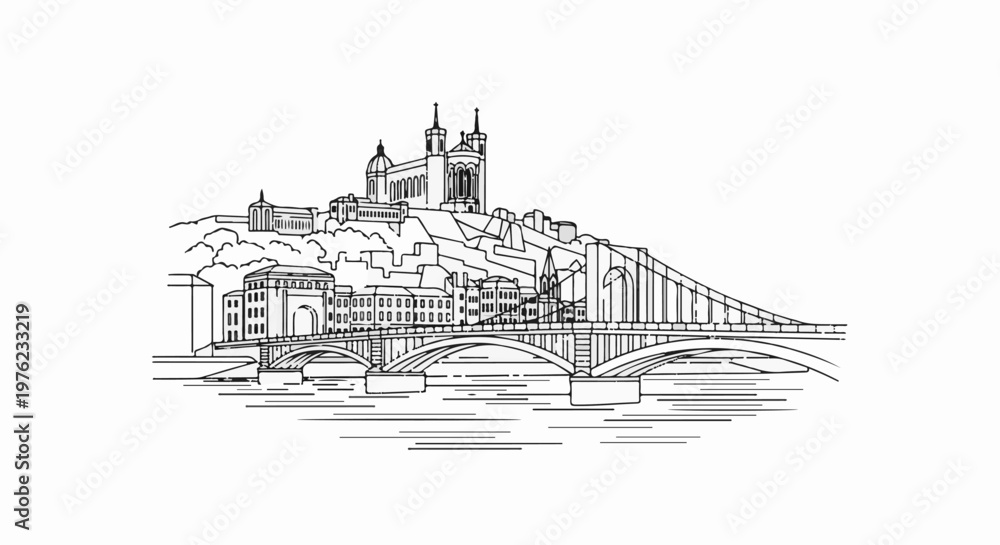 Obraz premium Monochromatic sketch of a grand bridge and basilica on a hill above a river