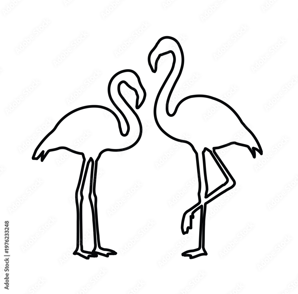 Fototapeta premium Minimalist flamingo line art vector, elegant bird silhouette pair, black and white tropical animal outline for wedding invitations and logo design