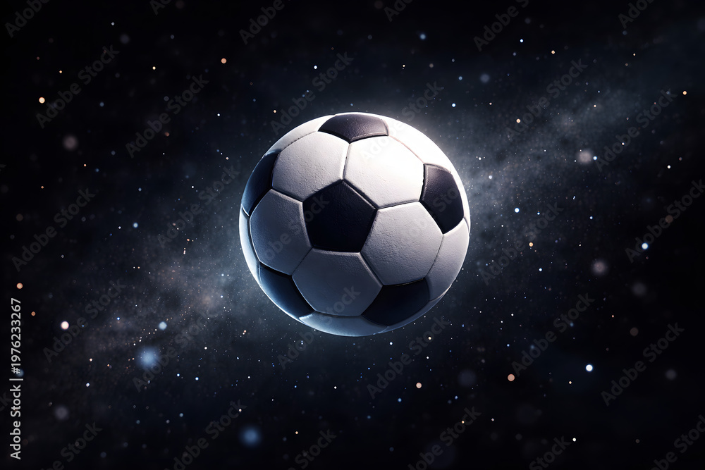Fototapeta premium A luminous soccer ball floats amidst a cosmic backdrop of stars and swirling nebulous clouds high quality