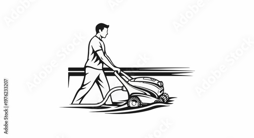 Man pushing a modern lawn mower, black and white line drawing