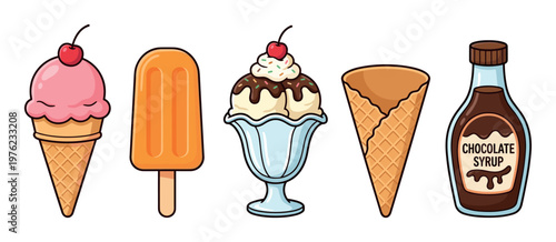Delicious frozen desserts and sweet treats collection, featuring various ice cream cones, popsicles, sundaes, and chocolate syrup bottle illustration.
