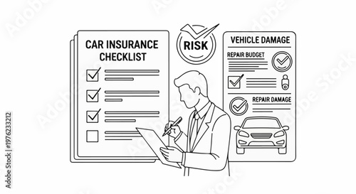 Man reviewing car insurance checklist, risk assessment, and vehicle damage details