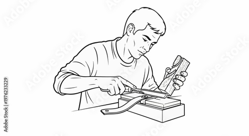 Man sharpening tool on stone with piece of wood