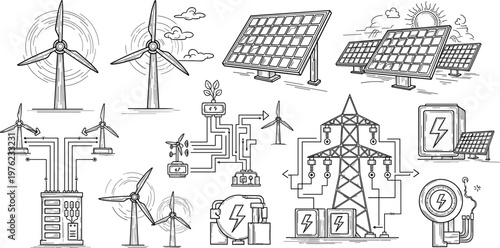 Renewable Energy Doodle Icon Set with Wind Turbines Solar Panels Power Stations Batteries and Electric Systems Hand Drawn Vector Collection